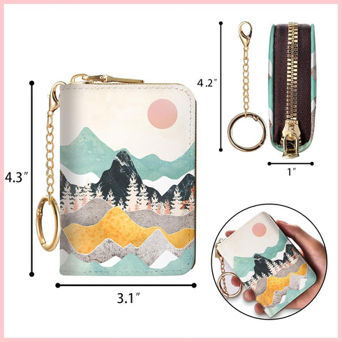 RFID Credit Card Holder Wallets for Women, Sunset Sunrise Mountain Small Card Case Wallet with Keychain and Zipper, Leather Card Holder Pocket Bus...