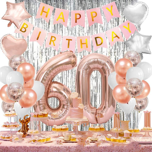 Happy 60th Birthday Decorations for Woman-Complete 60 Party Decor-Rose Gold 60th Birthday Balloons Kit for Women with 40" Giant 60 Number Balloon...