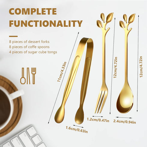 Leaf Coffee Spoons, Mini Serving Tongs and Appetizer Forks Stainless Steel Sugar Cube Tongs Dessert Spoons Metal Dinner Forks for Dessert Coffee T...