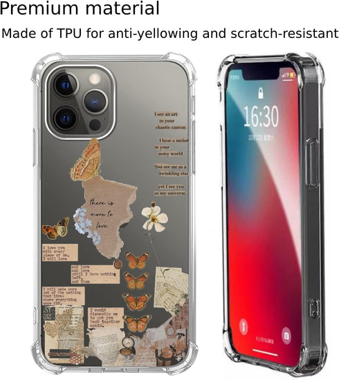 Aesthetic Abstract Butterfly Collage Clippings Clear Modern Case Compatible with iPhone 13 Pro Max, Vintage Collage Clear Case for iPhone 13 Pro M...