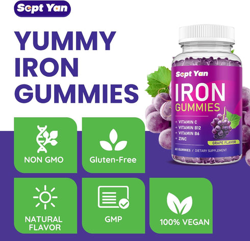 Iron Gummies for Women & Kids - with Vitamin C, B12, B6, Zinc - Blood Builder & Energy - Iron Supplement Gummies Support for Iron Deficiency, Anem...