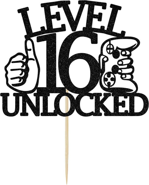 Level 16 Unlocked Cake Topper, Video Game Theme Happy 16th Birthday Cake Decor, Sweet 16, Boys Girls Funny 16th Birthday Decorations Black Glitter...