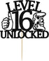Level 16 Unlocked Cake Topper, Video Game Theme Happy 16th Birthday Cake Decor, Sweet 16, Boys Girls Funny 16th Birthday Decorations Black Glitter...