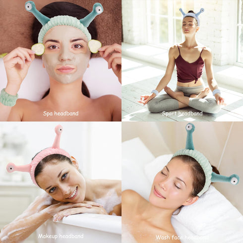 9 Pcs Skincare Headbands Snail Spa Headband and Wristband Set Alien Headband Pink Face Wash Wristbands Cute Makeup Headband Hair Band for Washing ...