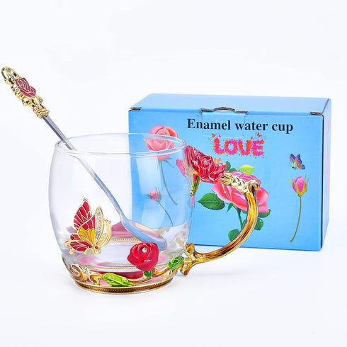 OEAGO Gifts for Mom Women Mothers Day Glass Coffee Enamels Mug Best Birthday Butterfly Rose Gifts for Her from Daughter Son Lead-Free Valentines D...
