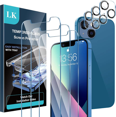LK 3 Pack iPhone 13 Screen Protector with 3 Pack Camera Lens Protector, Easy Install, HD Clarity, Touch Sensitive, 9H Hardness Tempered Glass for ...