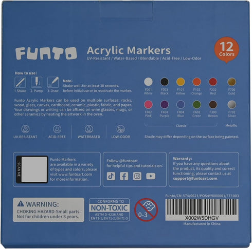 Funto Acrylic Paint Pens for Rock Painting, Fabric, Wood, Canvas, Metal, Ceramic, Glass, 12 Colors Paint Marker Set, Non-Toxic, Quick Drying...
