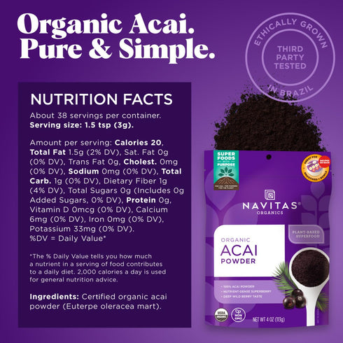 Navitas Organics Acai Powder – for Smoothie Bowls, Oatmeal, Dips, Sauces & More – Antioxidants, Omega 3 6 9, Fiber - USDA Organic, Non GMO, Kosher...