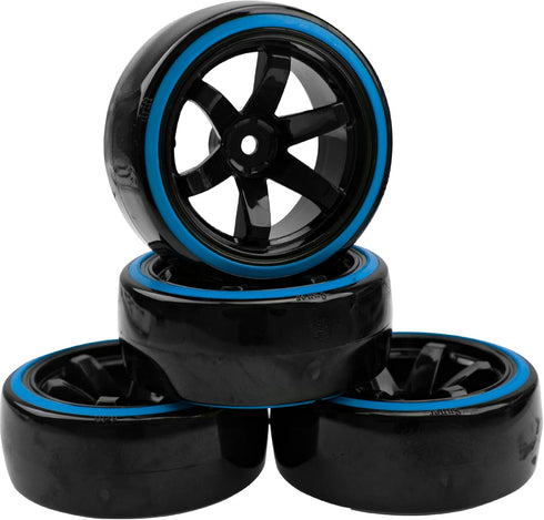 1/10 RC Drift Car Tires Hard Plastic Tyre & 12mm Hex Hub Wheel Rims 6 Spoke Compatible with Traxxas HSP Tamiya Kyosho HPI Redcat Racing MST 1/10 O...