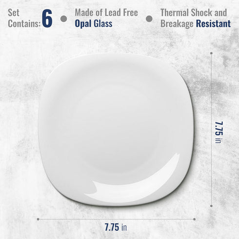 Bormioli Rocco Parma Set Of 6 Appetizer, Salad and Dessert plates, 7.75 Inch Tempered Opal Glass, Clean White, Linear & Curved Design, Dishwasher ...