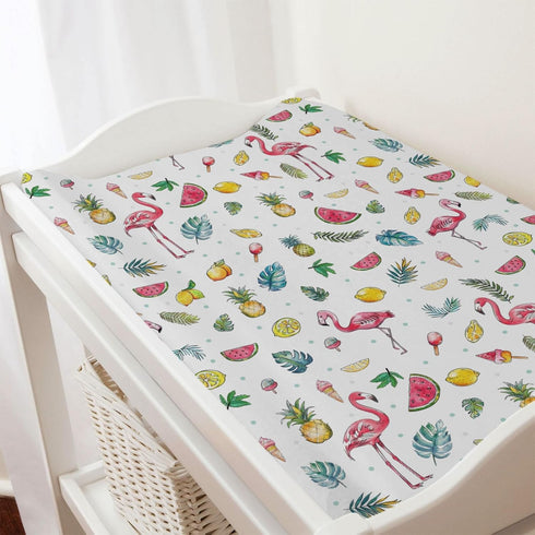 Watercolor Summer Flamingo Changing Pad Covers Lemon Pineapple Watermelon Tropical Leaves Baby Diaper Changing Pad Sheets for Boy Girl Birds Soft ...