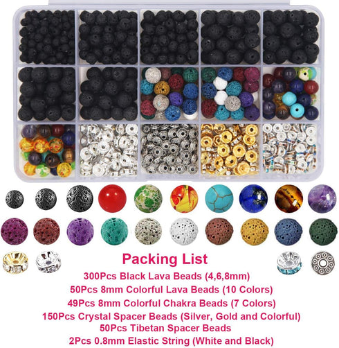 EuTengHao 602Pcs Lava Beads Stone Kits with 8mm Chakra Beads and Spacers Beads Bracelet Elastic String for Diffuse Essential Oils Adult DIY Jewelr...