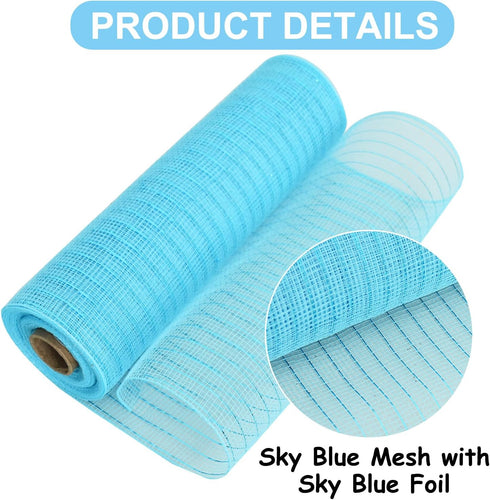 TONIFUL 2 Rolls 10 Inch Light Blue Decorative Mesh Ribbbon Rolls, Fabric Mesh with Foil for Mesh Wreath Supplies, Front Door Wreath Tree Decor Chr...