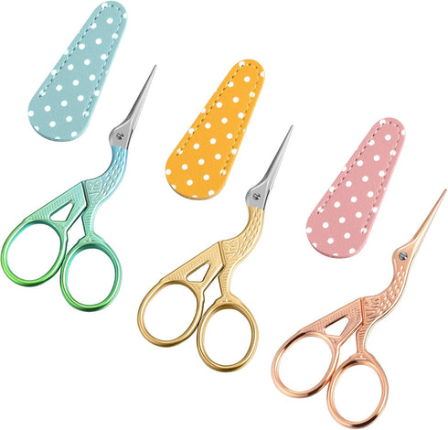 3 Pieces Sewing Embroidery Stork Scissors with 3 Pieces Leather Scissors Cover, Small Stainless Steel Crane Shape Scissors for Manual Sewing Handi...