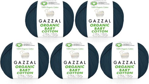 5 Ball (Pack) Gazzal Organic Baby Cotton Yarn, Total 8.8 Oz. 100% Organic Cotton, Each 1.76 Oz (50g) / 125 Yrds (115 m), 3 Light DK, Blue - 437......