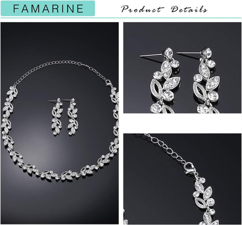 FAMARINE Silver Bridal Jewelry Set, Clear Crystal Wedding Drop Earrings Necklace for Bride Bridesmaid...