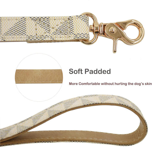 Leather Dog Collar and Leash Set, Check Pattern Dog Collar Leashes Metal Buckle Adjustable Durable for Small Medium Large Dogs (White, L(14.5-18.5...