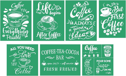 Silk Screen Stencils,7 PCS Coffee Theme Self Adhesive Silk Screen Transfers Reusable Chalk Paint Mesh Stencils for Painting on Wood Chalkboard Hom...