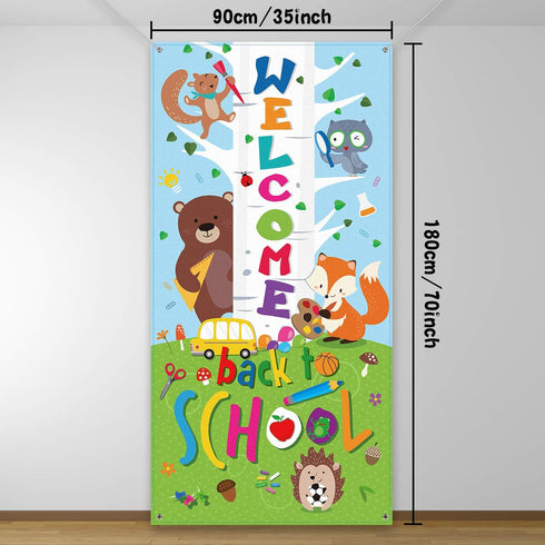 Welcome Banner, First Day of School Door Cover Woodland Animal Friends Photo Backdrop for Classroom School Party Decorations Supplies with Rope...