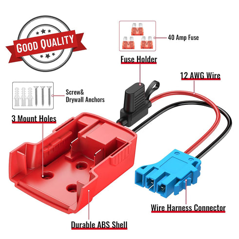 Power Wheels Adapter for Milwaukee M18 Battery with Wire Harness Connector Compatible with Peg-Perego Children Ride-on Car, 12AWG Wire with 40A Fu...
