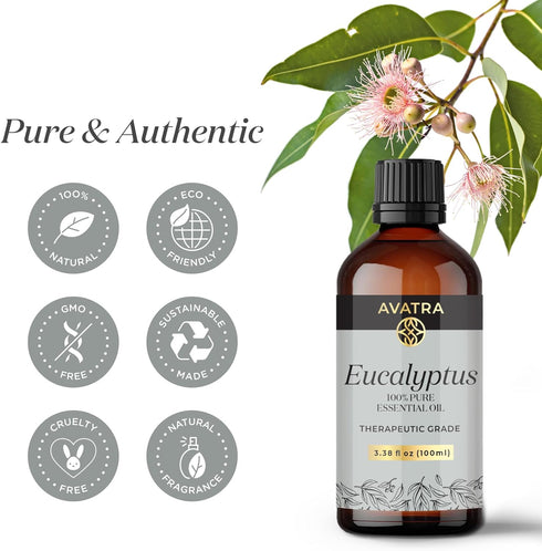 Avatra Eucalyptus Essential Oil, Pure & Natural Therapeutic Grade Essential Oil | for Clear Skin Strong Hair | Aromatherapy, Diffuser- 3.38 Fl Oz...