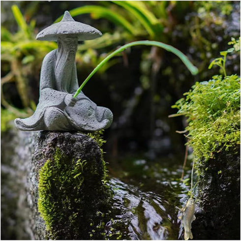 Mini Fisherman Figurine Sandstone Asian Aquarium Decorations Japanese Garden Ornaments, D...