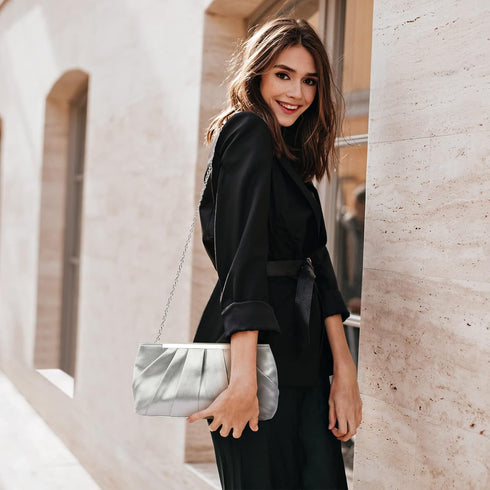 Womens Satin Evening Clutch Purses Elegant Pleated Satin Evening Handbag with Detachable Chain Prom Handbag...