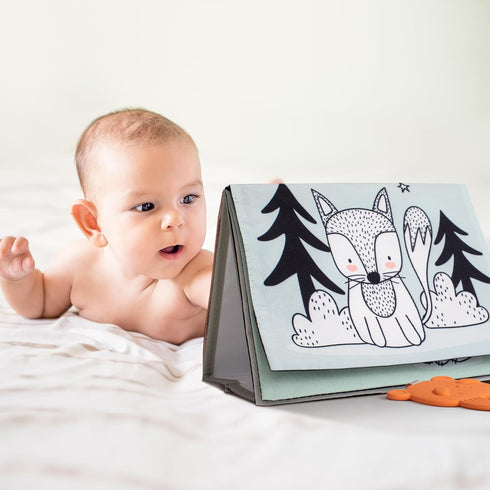 Soft Tummy Time Book w/ Large Stimulating Baby Safe Mirror - Fun High Contrast Montessori Toy w/ Mirror, Crinkle Filling & Silicone Teether - The ...