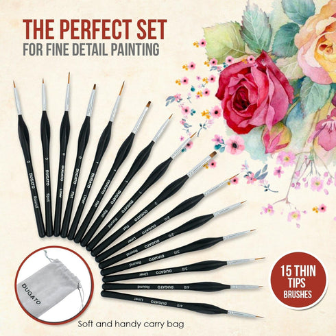DUGATO Fine Detail Paint Brush Set (15pc) - Miniature Brushes with Ergonomic Triangular Handles & Travel Case for Acrylic, Watercolor, Oil, Models...