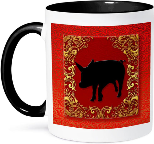 3dRose Zodiac Pig Chinese New Year Red, Gold Two Tone Mug, 11 oz, Black/White...