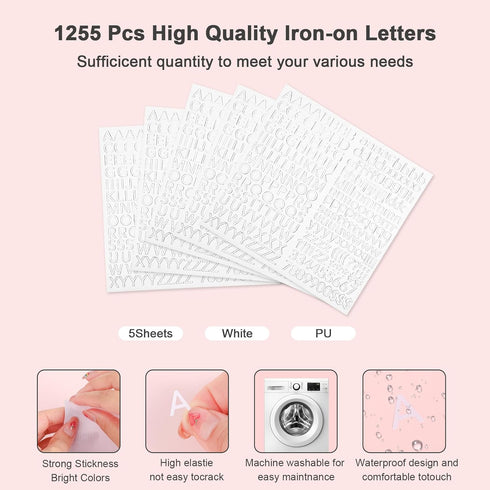 5 Sheets/1255 Pieces of iron on letters and numbers, PU Iron on Fabric Letters with with 0-9 Iron on Numbers A-Z Heat Transfer Letters Heat Transf...
