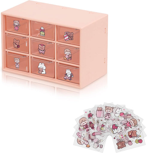 Mini Desk Organizer Drawer, 9 Removable Plastic Art Craft Organizers with Stickers, Cute Desktop Storage Organizer for DIY Crafts, Art Supply, Off...