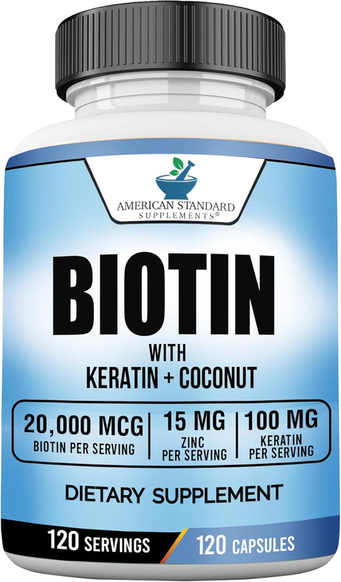 Biotin 20,000mcg with Keratin, Coconut Powder and Zinc, Hair Growth Supplements, Biotin Supplements, Healthy Hair Skin & Nails for Adults,120 Vegg...