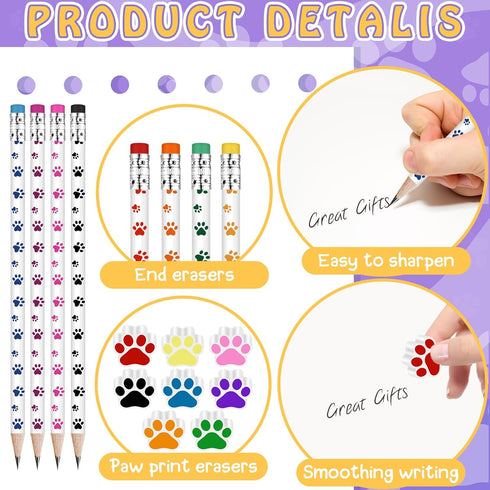 48 Pcs Paw Print Pencil Eraser Sets Colorful Wooden Pencils with Paw Eraser for Kids Dog Themed Birthday Party Favors Welcome Back to School Favor...