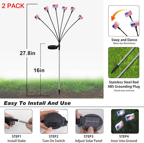 Heceltt 2 Pack Solar 4th of July Decorations Outdoor Garden Lights, 12 LED American Flags Waterproof for Independence Day Memorial Day Patriotic D...