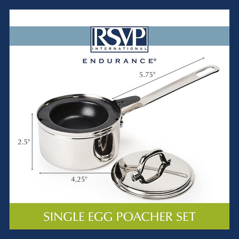 RSVP International Endurance Single Egg Poacher Set | Perfectly Poached Eggs | Includes Stainless Steel Pan | Dishwasher Safe...