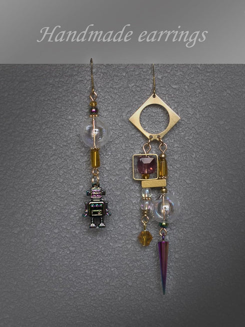 Steampunk Asymmetrical Industrial Robot Mismatched Glass Ball Dangle Earrings for Women Jewelry...