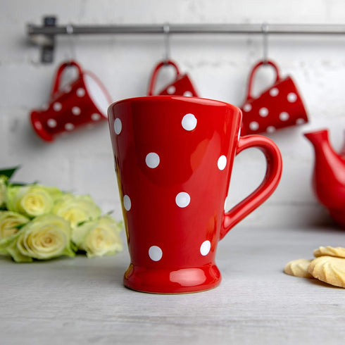 City to Cottage Handmade Red and White Polka Dot Ceramic Coffee, Tea, Latte Mug, Cup with Large Handle, Unique 7 oz / 200ml Designer Pottery for T...