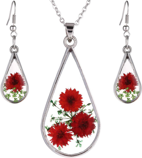 Red Turquoise Pressed Flowers Teardrop Drop Dangle Earrings Pendant Necklace Jewelry Set, 2 Colors...