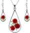 Red Turquoise Pressed Flowers Teardrop Drop Dangle Earrings Pendant Necklace Jewelry Set, 2 Colors...
