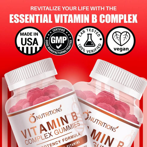O NUTRITIONS Vitamin B Complex Vegan Gummies with Vitamin B12, B7 as Biotin, B6, B3 as Niacin, B5, B6, B8, B9 as Folate for Stress, Energy and Hea...