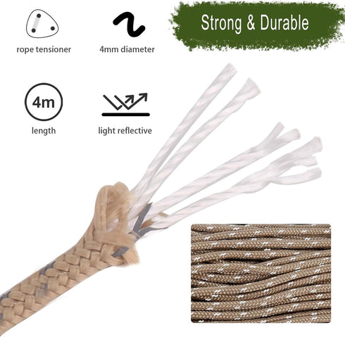 Hikeman 4 Pack Camping Rope with Locking Carabiner Clip,4mm Reflective Guy Lines with Triangular Guyline Adjuster Tensioner,Nylon Cord for Tent Ta...