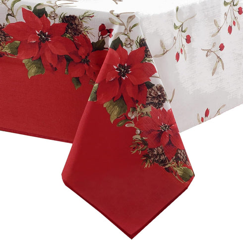 Newbridge Christmas Blooming Poinsettia’s Double Bordered 70 inch Long Table Runner, Holiday Red and White Poinsettia Dining Table Runner...