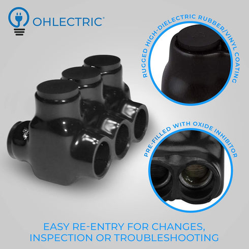OHLECTRIC Black insulated Connector - Dual Side Entry - 3 Port - 2-14" Wire Range - Slotted Hex Screw - Pre-Filled with Oxide Inhibitor - Rubber V...