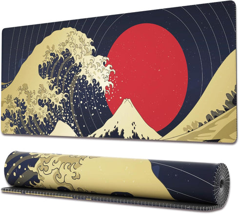 Ovenbird Extended Gaming Computer Mouse Pad, Large Black Red Mouse Pad for Desk, Cute Anime Japanese Great Wave Desk Pad for Keyboard and Mouse, R...