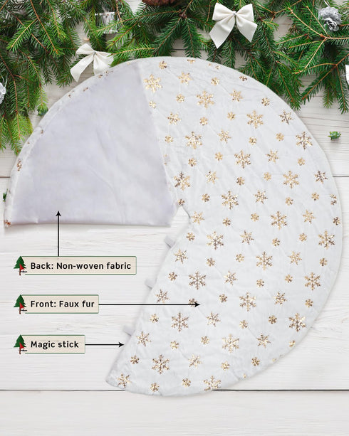 COOLWUFAN 48 Inches Christmas Tree Skirt for Xmas Tree Holiday Party Decoration White Plush Gold Sequin Snowflake (Gold)...