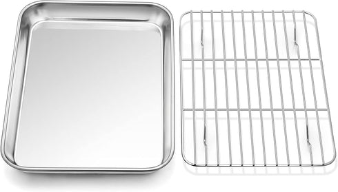 P&P CHEF 10.4 Inch Baking Sheet Pan with Rack Set, Stainless Steel Cookie Sheet Pan Tray with Cooling Rack for Oven Use, Cooking Roasting, Non Tox...