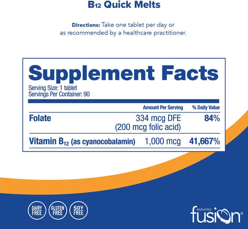 Bariatric Fusion Vitamin B12 Quick Melt | Grape Flavored Tablets | Dissolves On Your Tongue | Post Bariatric Surgery Patients | Gluten, Dairy & So...