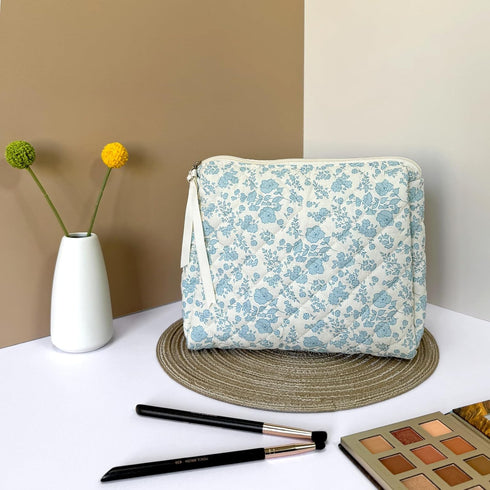 Makeup Bag Large Travel Quilted Cosmetic Makeup Bag Organizer, Floral Cotton Coquette Aesthetic Toiletry Bag for Women Girls (Blue Floral)...