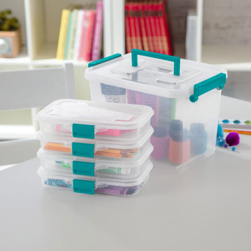 Sterilite Small Divided Pencil Box, Stackable Plastic Small Storage Container with Latching Lid, Organize Pens and Small Items, Clear Case, 12 Pac...